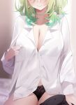  1girl bare_shoulders black_bra black_panties black_skirt bra bra_visible_through_clothes breasts ceres_fauna cleavage closed_mouth collared_shirt commentary cropped_head deyui earrings english_commentary flower green_hair hair_flower hair_ornament highres hololive hololive_english indoors jewelry lace lace_bra large_breasts long_sleeves navel paid_reward_available panties shirt shirt_grab short_hair skindentation skirt solo strap_slip underwear unworn_skirt virtual_youtuber white_flower white_shirt 