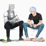  2boys ascot bag barefoot black_pants black_shirt blue_eyes blue_pants closed_mouth collarbone colored_skin draus_(kyuuketsuki_sugu_shinu) garlic grey_hair grey_vest highres holding holding_knife invisible_chair knife kyuuketsuki_sugu_shinu leeis_cool male_focus multiple_boys pants peeling plastic_bag pointy_ears purple_skin red_nails ronaldo_(kyuuketsuki_sugu_shinu) shirt short_hair sitting spread_legs spring_onion t-shirt toenails vest white_ascot white_hair 