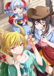  antlers bandana black_wings blue_shirt brown_hat cowboy_hat dragon_girl dragon_horns eichi_yuu hat highres horns kicchou_yachie kurokoma_saki pegasus_wings sheep_horns shirt square_neckline touhou toutetsu_yuuma turtle_shell white_bandana wings yellow_horns 