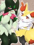  2girls ainobu animal_ear_fluff animal_ears animal_nose black_fur blush body_fur braixen brown_background cat_girl clenched_hand commentary_request fang finger_to_mouth flat_chest fox_ears fox_girl fox_tail fur_collar furry furry_female green_fur green_hair half-closed_eyes hands_up happy holding_hands index_finger_raised leg_up looking_at_viewer meowscarada multiple_girls open_mouth outline pokemon pokemon_(creature) red_eyes short_hair simple_background smile snout standing standing_on_one_leg stick sweat tail thighs two-tone_fur white_fur white_outline yellow_fur 