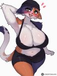absurd_res anthro big_breasts blush bodily_fluids bottomwear breasts calico_cat cherifokkusu clothed clothing crop_top digital_media_(artwork) domestic_cat ear_piercing epic_games felid feline felis female fortnite fur hat headgear headwear hi_res looking_at_viewer mammal meow_skulls_(fortnite) navel open_mouth piercing shirt shorts simple_background smile solo spandex spandex_shorts sportswear sweat tail teeth thick_thighs tight_bottomwear tight_clothing tight_shorts topwear white_body wide_hips yellow_eyes