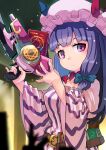  1girl belt book brown_belt dress hashiro hat holding holding_weapon long_hair long_sleeves mob_cap patchouli_knowledge pink_dress pink_hat purple_eyes purple_hair sidelocks solo striped_clothes striped_dress touhou upper_body vertical-striped_clothes vertical-striped_dress weapon wide_sleeves 