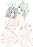  2girls animal_ears areola_slip arknights bare_legs barefoot blue_archive blue_eyes green_eyes green_hair grey_hair halo highres kal&#039;tsit_(arknights) looking_at_viewer looking_back masabodo multiple_girls panties parted_lips shiroko_(blue_archive) simple_background topless underwear white_background white_panties 
