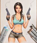  1girl art_tools_in_frame black_hair blue_eyes blue_sports_bra braid breasts brown_shorts cleavage commentary cropped_legs dual_wielding english_commentary gun hair_over_shoulder handgun highres holding holding_gun holding_weapon lara_croft marker_(medium) medium_breasts navel parted_lips photo_(medium) pink_lips shorts signature single_braid smoke solo sports_bra tomb_raider traditional_media weapon will_jack 