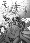  1girl absurdres angel_wings angewomon breasts cleavage covered_eyes cowboy_shot digimon digimon_(creature) feathered_wings greyscale helmet highres large_breasts midriff monochrome multiple_wings navel qingyun_zhizhe scarf solo winged_helmet wings wrist_wings 