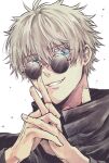  1boy black_coat blue_eyes coat commentary_request gojou_satoru grey_hair grin high_collar highres interlocked_fingers jujutsu_kaisen male_focus round_eyewear short_hair sideways_glance simple_background smile solo sunglasses teeth tenacitysaho white_background 