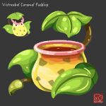  artist_logo artist_name caramel food food_focus food_name grey_background highres leaf no_humans pokemon pokemon_(creature) pudding simple_background victreebel yuki00yo 