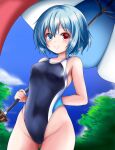  1girl ass_visible_through_thighs black_one-piece_swimsuit blue_eyes blue_hair blue_sky breasts bush cloud competition_swimsuit covered_navel cowboy_shot groin heterochromia highleg highleg_swimsuit highres looking_at_viewer matelia one-piece_swimsuit red_eyes short_hair sky small_breasts smile solo swimsuit tatara_kogasa touhou umbrella 
