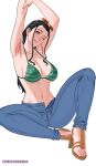  1girl armpits arms_up bikini bikini_top_only black_hair blue_eyes breasts cosplay denim eyewear_on_head green_bikini high_heels highres jeans large_breasts nami_(one_piece) nami_(one_piece)_(cosplay) navel nico_robin one_eye_closed one_piece orange-tinted_eyewear pants patreon_username simple_background sitting solo stretching sunglasses swimsuit tinted_eyewear uukkaa web_address white_background 