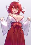  1girl absurdres ahoge bangs blush breasts collarbone fate/grand_order fate_(series) fujimaru_ritsuka_(female) hakama highres japanese_clothes jo_(pixiv29989419) kimono large_breasts looking_at_viewer nipples off_shoulder one_side_up open_mouth orange_eyes red_hair red_hakama short_hair smile solo white_kimono wide_sleeves 