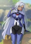  1girl a_(xenoblade) armored_bodysuit blue_eyes bodysuit breasts cape cowboy_shot gloves highres leaning_on_object long_hair looking_at_viewer medium_breasts outdoors skin_tight solo thigh_gap very_long_hair xenoblade_chronicles_(series) xenoblade_chronicles_3 xenoblade_chronicles_3:_future_redeemed yamamori_kinako 