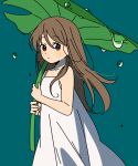  1girl aqua_background brown_eyes brown_hair closed_mouth commentary cowboy_shot dress harumaru_sk highres holding holding_leaf leaf leaf_umbrella long_hair looking_at_viewer making-of_available original simple_background sleeveless sleeveless_dress solo spaghetti_strap standing water_drop white_dress 