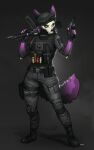  2023 5_fingers absurd_res anthro belt black_background boots bottomwear canid canine clothing digital_media_(artwork) dual_wielding female fingerless_gloves fingers footwear fur gloves gradient_background gun handwear hat headgear headwear hi_res holding_object holding_weapon mammal mask pants pgm300 plantigrade purple_body purple_fur ranged_weapon signature simple_background skull_mask solo weapon 