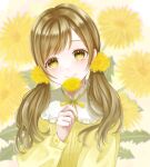 1girl blush brown_hair dandelion flower hair_flower hair_ornament highres holding holding_flower long_hair long_sleeves looking_at_viewer low_twintails neck_ribbon original ribbon smile solo suzuko_(suzukosz) twintails upper_body yellow_eyes 