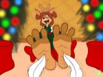 2017 anthro barefoot black_nose brown_eyes christmas christmas_lights christmas_tree clothing cynthia_fairbarn deer discarded_footwear feathers feet female foot_fetish foot_focus footwear gustavothemouse_(artist) hair holidays laugh mammal new_world_deer one_eye_closed open_mouth open_smile plant red_clothing red_footwear red_hair red_shoes reindeer reindeer_antlers ribbons shirt shoes sitting sitting_on_ground smile smiling_at_viewer soles solo spread_toes tickling tickling_feet toes topwear tree white_clothing white_shirt white_topwear