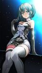  1girl alternate_hair_length alternate_hairstyle aqua_eyes aqua_hair black_gloves black_shorts breasts cleavage closed_mouth elbow_gloves gloves grey_thighhighs hatsune_miku highres looking_at_viewer medium_breasts nijigen_dream_fever_(vocaloid) short_shorts shorts sitting smile solo thigh_strap thighhighs tsukishiro_saika twirling_hair two-tone_shorts vocaloid white_shorts 