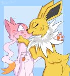 absurd_res blitzpitz blush claws duo eeveelution eyelashes eyes_closed female feral fur generation_1_pokemon generation_5_pokemon hi_res holding_face jolteon kiss_mark kissing male male/female markings mienshao nintendo pokemon pokemon_(species) purple_markings side_view signature simple_background yellow_body yellow_fur