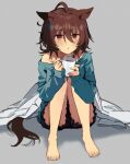  1girl agnes_tachyon_(umamusume) ahoge animal_ears aqua_shirt barefoot black_shorts brown_hair coat cup earrings full_body grey_background hair_between_eyes holding holding_cup horse_ears horse_girl horse_tail jewelry knees_up lab_coat light_blush long_sleeves looking_at_viewer medium_hair nazuka_(mikkamisaki) off_shoulder parted_lips red_eyes shadow shirt short_shorts shorts single_bare_shoulder single_earring sitting solo steam tail toes triangle_mouth umamusume unworn_coat 
