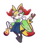  1girl animal_ear_fluff animal_ears animal_feet animal_hands animal_nose bag black_fur blue_hakama blush blush_stickers body_fur braixen clenched_hand commentary_request detached_sleeves fang flat_chest floral_print flower fox_ears fox_girl fox_tail full_body furry furry_female green_kimono green_sleeves hair_flower hair_ornament hakama hakama_skirt hands_up highres holding holding_bag japanese_clothes kazuairou kimono long_sleeves looking_at_viewer open_mouth pelvic_curtain pink_flower pokemon pokemon_(creature) pouch red_eyes sideways_mouth simple_background skirt sleeveless sleeveless_kimono snout solo standing stick tail transparent_background white_fur wide_sleeves yellow_fur 