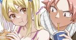 1boy 1girl artist_name bare_shoulders black_jacket blonde_hair breasts brown_eyes burger cleavage collarbone cup disposable_cup drinking_straw eating fairy_tail food holding holding_burger holding_food jacket large_breasts long_hair looking_at_another lucy_heartfilia natsu_dragneel pink_hair pink_shirt reytsu scarf shirt short_hair simple_background twitter_username upper_body white_background white_scarf 