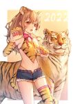  1girl 2022 aisaka_taiga animal animal_ears animal_hands animal_print bare_shoulders blush bow bowtie breasts brown_hair chinese_clothes chinese_zodiac claw_pose denim denim_shorts dudou facial_mark fangs gloves high_ponytail highleg highleg_panties highres long_hair looking_at_viewer navel nekoymio open_mouth panties paw_gloves pink_bow pink_bowtie print_legwear print_panties short_shorts shorts single_thighhigh small_breasts tail thighhighs tiger tiger_ears tiger_paws tiger_print tiger_tail toradora! unbuttoned unbuttoned_shorts underwear year_of_the_tiger 