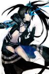  1girl bikini black_bikini black_coat black_hair black_rock_shooter black_rock_shooter_(character) black_rock_shooter_fragment black_shorts blue_eyes blue_fire coat fire flaming_eye highres long_hair mutomorokoshi open_clothes open_coat shorts solo swimsuit twintails white_background 