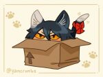  1girl animal_ears black_hair bow box cardboard_box cat_ears cat_girl cat_tail chibi dungeon_meshi hair_between_eyes inset_border izutsumi paw_print signature slit_pupils snail_soup solo tail tail_bow tail_ornament 