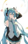 1girl ;d absurdres aqua_hair arm_up bare_shoulders black_skirt black_thighhighs collared_shirt detached_sleeves dot_nose double-parted_bangs floating_hair frilled_shirt frills grey_shirt hair_between_eyes hair_intakes hair_ornament hatsune_miku headphones heart highres light_blush long_hair looking_at_viewer one_eye_closed pleated_skirt shirt sidelocks simple_background skirt sleeveless sleeveless_shirt smile sunlight teeth thighhighs twintails v very_long_hair vocaloid white_background wide_sleeves wudongyouyi 