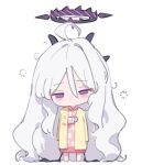  1girl ahoge blue_archive blush chibi clothes_on_shoulders demon_horns full_body hair_between_eyes halo highres hina_(blue_archive) horns long_hair maredoro multiple_horns nightgown no_mouth polka_dot_nightgown purple_eyes simple_background sleepy solo squeans standing very_long_hair white_background white_hair 