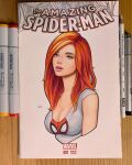 1girl art_tools_in_frame blue_eyes breasts cleavage commentary commission cropped_torso english_commentary eyebrows_hidden_by_hair highres large_breasts marker_(medium) marvel mary_jane_watson medium_hair orange_hair parted_lips photoshop_(medium) pink_lips shirt signature solo spider-man spider-man_(series) t-shirt thick_eyebrows traditional_media will_jack 