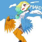  1girl absurdres animal_ears bird_ears bird_legs black_shorts blue_feathers blush braid breasts bright_pupils character_name cleavage feathers green_hair harpy highres long_hair mako_(eogks) midriff mono_(ru) monster_girl open_mouth orange_feathers orange_wings original red_eyes sharp_teeth shorts small_breasts solo tank_top teeth two-tone_wings v white_pupils white_tank_top winged_arms wings 