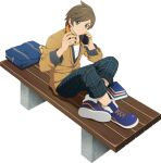  1boy bag bench blue_footwear book brown_hair cardigan charm_(object) crossed_legs english_commentary feathers full_body green_eyes headphones headphones_around_neck highres holding holding_headphones long_sleeves looking_at_viewer male_focus normin_(tales) official_art pants plaid plaid_pants school_bag school_uniform shirt shoes simple_background sitting smile sneakers solo sorey_(tales) tales_of_(series) tales_of_asteria tales_of_zestiria transparent_background 