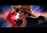  1boy black_cape black_hair cape collared_cape commentary_request derivative_work floating_clothes floating_hair furol_nicoco hat highres letterboxed long_sleeves looking_ahead male_focus monkey_d._luffy one_piece profile red_shirt scar scar_on_face screenshot_redraw shirt signature solo straw_hat sun upper_body 