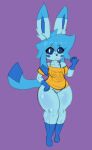 2024 anthro bangs biped black_nose blue_body blue_fur blue_hair blue_sclera bottomless bottomless_female bra_strap breasts cat_print clothed clothing dipstick_ears ear_markings eeveelution fan_character female full-length_portrait fur generation_4_pokemon glaceon gushee hair huge_hips looking_at_viewer multicolored_ears nintendo off_shoulder open_mouth pokemon pokemon_(species) pokemorph portrait purple_background shirt side_bangs simple_background small_breasts solo standing tail thick_thighs topwear white_eyes wide_hips