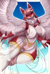 anthro big_breasts breasts butt butt_from_the_front canid canine chest_spike feathered_wings feathers female fur generation_4_pokemon genitals hair hand_spike hi_res lucario mammal neck_tuft nintendo nipples pokemon pokemon_(species) pussy red_body red_eyes red_fur simple_background skylosminkan solo spikes spikes_(anatomy) thick_thighs thigh_gap tuft white_body white_fur wide_hips wings
