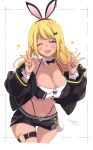  1girl ;d animal_ears black_bow black_bowtie black_jacket black_nails blonde_hair blush bow bowtie breasts cleavage copyright_request dated detached_collar double_v fake_animal_ears fingernails hair_bow heart highres jacket kichihachi large_breasts long_hair looking_at_viewer multicolored_hair nail_polish navel o-ring one_eye_closed open_clothes open_jacket pink_hair purple_eyes purple_hair rabbit_ears smile solo suspenders thigh_strap twitter_username v virtual_youtuber white_background white_bow 