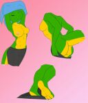  anthro areola black_bottomwear black_clothing black_pants blue_clothing blue_shirt blue_topwear bottomless bottomless_anthro bottomless_female bottomwear breasts butt casual_nudity clothed clothing eyes_closed female gradient_background green_body green_scales green_skin hi_res justathereptile lizard monitor_lizard nipples no_underwear non-mammal_breasts nude nude_anthro nude_female pants pink_areola pink_background pink_nipples reptile scales scalie shirt side_boob simple_background smile solo tail topless topless_anthro topless_female topwear undressing veega_(justathereptile) yellow_body yellow_scales yellow_skin 