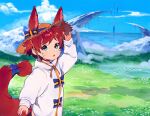  1boy animal_ears blue_eyes bow child cloud commentary ears_through_headwear english_commentary facial_mark grass hand_on_headwear highres kemonomimi_mode long_sleeves male_child male_focus mountain mountainous_horizon original outdoors red_hair scenery solo tail tail_bow tail_ornament thebrushking town 