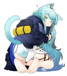  1girl :| ? absurdres animal_ear_fluff animal_ears arknights backpack bag barefoot black_gloves black_jacket blue_hair book cat_ears cat_girl cat_tail closed_mouth commentary disembodied_limb fingerless_gloves from_behind gloves gradient_hair green_eyes green_hair highres holding holding_book hood hood_down jacket jacket_lift jitome kneeling long_hair looking_at_viewer looking_back menthako multicolored_hair panties pastry_bag paw_print rosmontis_(arknights) simple_background soles solo symbol-only_commentary tail thigh_strap toes underwear very_long_hair white_background white_panties 