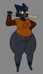 2024 anthro baseball_bat bat_(object) belly big_breasts biped black_body black_fur bottomwear breasts clothed clothing curvy_figure denim denim_bottomwear denim_clothing domestic_cat felid feline felis female full-length_portrait fur gushee hand_on_hip highlights_(coloring) holding_baseball_bat holding_object huge_hips huge_thighs jeans long_sleeve_shirt looking_at_viewer mae_borowski mammal night_in_the_woods notched_ear overweight overweight_anthro overweight_female pants portrait red_eyes red_highlights short solo standing thick_thighs wide_hips yellow_sclera