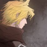  1boy animal_ears arknights blonde_hair brown_background closed_mouth commentary_request grey_background high_collar highres horse_boy horse_ears korean_commentary looking_to_the_side male_focus mlynar_(arknights) nills portrait short_hair yellow_eyes 
