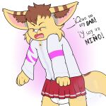  abuniverse anthro bottomwear brown_hair canid canine clothed clothing diaper eyes_closed fennec fennecat_(artist) fox fur girly grey_spots hair infantilism inner_ear_fluff little_kings male mammal skirt solo spanish_text spots text translated tuft upset watermark wearing_diaper white_nose yellow_body yellow_fur young 