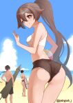  1girl absurdres ass ass_focus ass_visible_through_thighs ball beach beachball blue_sky breasts genshin_impact highres hu_tao_(genshin_impact) joshyjoshj looking_at_viewer non-web_source ponytail shorts sky smile thigh_gap thighs v zhongli_(genshin_impact) 