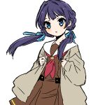  1girl :o blue_eyes blue_hair blue_ribbon brown_cardigan brown_dress cardigan collarbone commentary cowboy_shot dark_blue_hair dress hair_ribbon hasu_no_sora_school_uniform link!_like!_love_live! long_hair long_sleeves looking_at_viewer love_live! low_twintails medium_dress mole mole_on_neck murano_sayaka neckerchief open_cardigan open_clothes parted_lips pleated_dress red_neckerchief ribbon sailor_collar sailor_dress school_uniform shinanoya_(satanicad) simple_background solo twintails virtual_youtuber white_background white_sailor_collar winter_uniform 