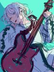  1girl bang_dream! bang_dream!_it&#039;s_mygo!!!!! blue_background blue_eyes commentary earclip guitar heterochromia highres holding holding_guitar holding_instrument instrument jacket kaname_raana looking_at_viewer medium_hair moyo_(moyo_4) shade sketch skirt solo symbol-only_commentary tongue tongue_out white_hair white_jacket white_skirt yellow_eyes 