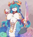  1girl absurdres blue_hair bracelet breast_curtains breasts commentary_request covered_nipples earrings hair_between_eyes headpiece highres holding holding_sword holding_weapon horns huge_breasts jewelry lamia long_hair looking_at_viewer monster_girl navel open_mouth orange_horns original pale_skin pelvic_curtain pointy_ears red_eyes smile solo sword weapon zankuro 