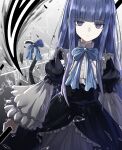  1girl absurdres bangs black_dress blue_bow blue_bowtie blue_hair blunt_bangs bow bowtie cat_tail dress ebora frederica_bernkastel frilled_dress frills highres holding holding_scythe long_hair looking_at_viewer purple_eyes scythe solo tail tail_bow tail_ornament umineko_no_naku_koro_ni 