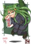  !? 1girl absurdres animal_ears black_pantyhose black_serafuku cat_ears cat_tail crescent crescent_hair_ornament dated fang green_eyes green_hair hair_between_eyes hair_ornament highres kantai_collection long_hair long_sleeves nagatsuki_(kancolle) open_mouth pantyhose school_uniform serafuku shizuwaza signature skin_fang tail translation_request very_long_hair 