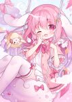  1girl ;d absurdres animal_ears blush bow bowtie child commission dress hair_between_eyes hanasaki_chiyu highres holding indie_virtual_youtuber long_hair looking_at_viewer mimikkyu_(mimikyunosub) one_eye_closed open_mouth pink_bow pink_bowtie pink_dress pink_eyes pink_hair pink_ribbon rabbit_ears ribbon sailor_dress short_sleeves sitting smile solo swing thighhighs virtual_youtuber white_thighhighs yume_kawaii zettai_ryouiki 