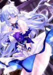  1girl absurdres aqua_eyes asymmetrical_gloves bare_shoulders breasts cleavage closed_mouth detached_sleeves dress falling_feathers feathers floating_hair gloves hair_between_eyes halo head_wings highres honkai:_star_rail honkai_(series) long_hair looking_at_viewer purple_dress purple_hair robin_(honkai:_star_rail) short_sleeves smile solo sweet_j two-tone_dress uneven_gloves white_dress white_feathers white_gloves white_wings wings 